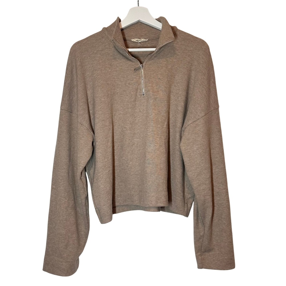 Madewell Women's Large L Tan Beige Ribbed Quarter Zip Pullover Sweater